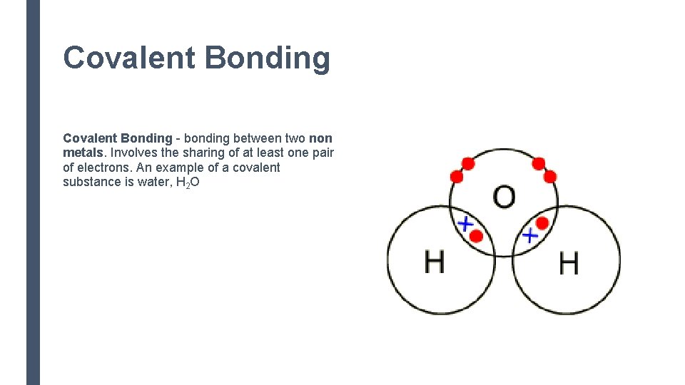 Covalent Bonding - bonding between two non metals. Involves the sharing of at least