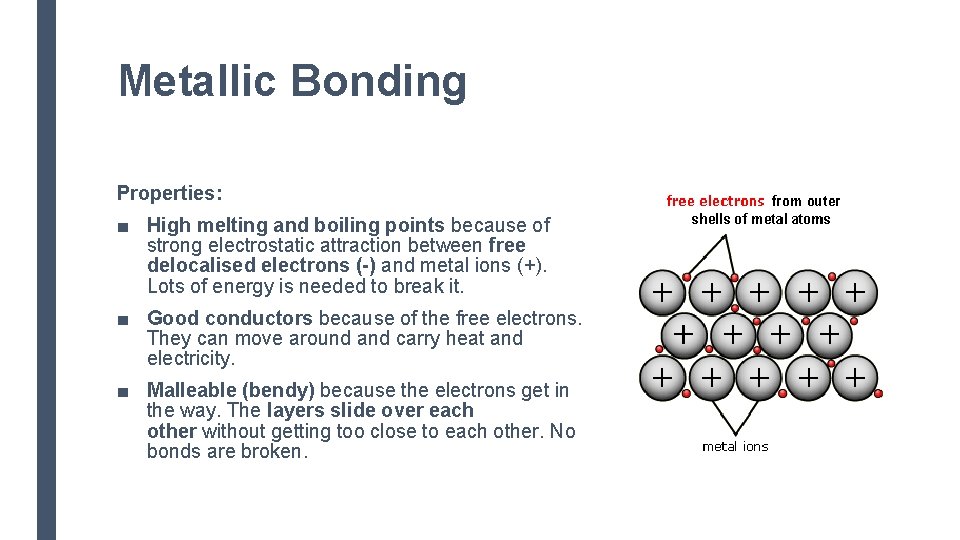 Metallic Bonding Properties: ■ High melting and boiling points because of strong electrostatic attraction