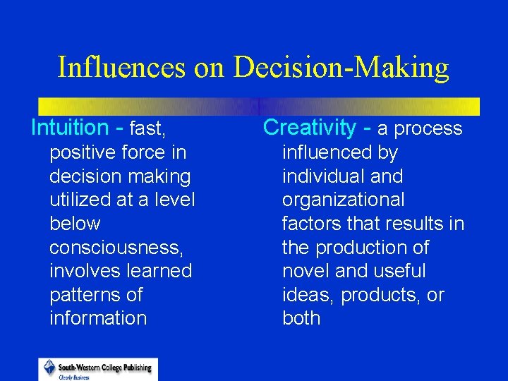 Influences on Decision-Making Intuition - fast, positive force in decision making utilized at a