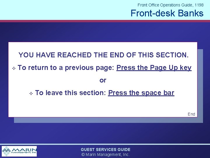 Front Office Operations Guide, 1198 Front-desk Banks YOU HAVE REACHED THE END OF THIS