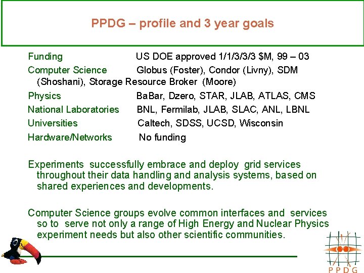 PPDG – profile and 3 year goals Funding US DOE approved 1/1/3/3/3 $M, 99