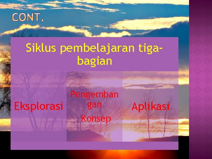 Siklus pembelajaran tigabagian Pengemban gan Eksplorasi Konsep Aplikasi 