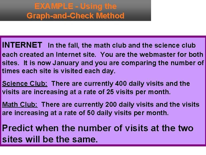 EXAMPLE - Using the Graph-and-Check Method INTERNET In the fall, the math club and
