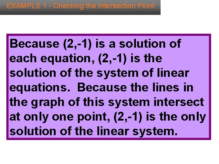 EXAMPLE 1 - Checking the Intersection Point Because (2, -1) is a solution of