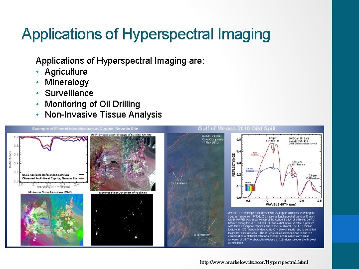 Applications of Hyperspectral Imaging are: • Agriculture • Mineralogy • Surveillance • Monitoring of