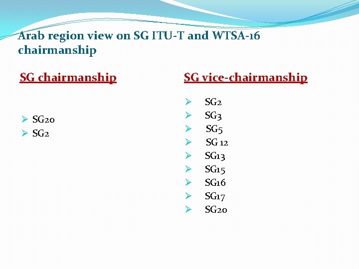 Arab region view on SG ITU-T and WTSA-16 chairmanship SG chairmanship Ø SG 20