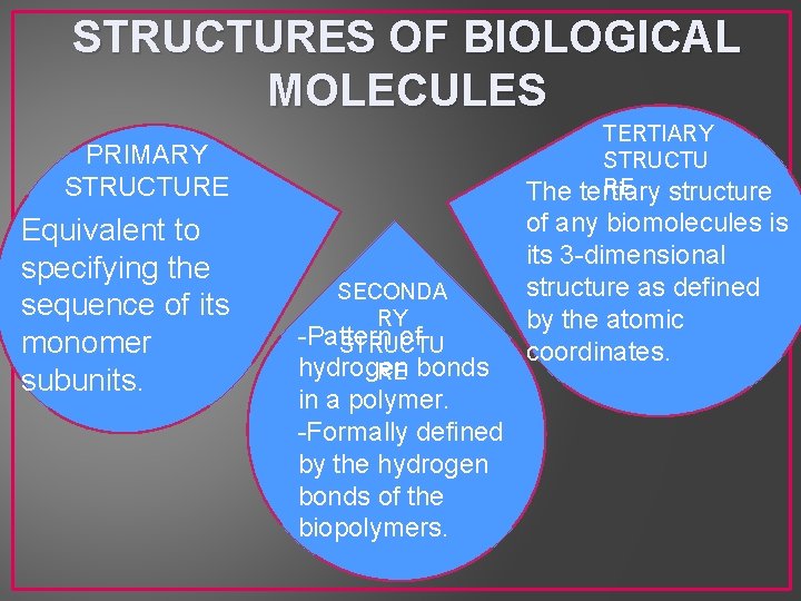 STRUCTURES OF BIOLOGICAL MOLECULES TERTIARY STRUCTU RE tertiary structure PRIMARY STRUCTURE Equivalent to specifying