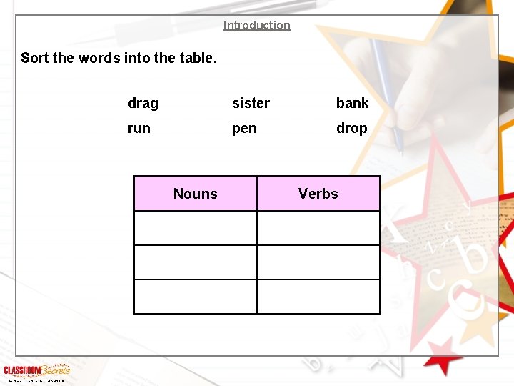 Introduction Sort the words into the table. drag sister bank run pen drop Nouns