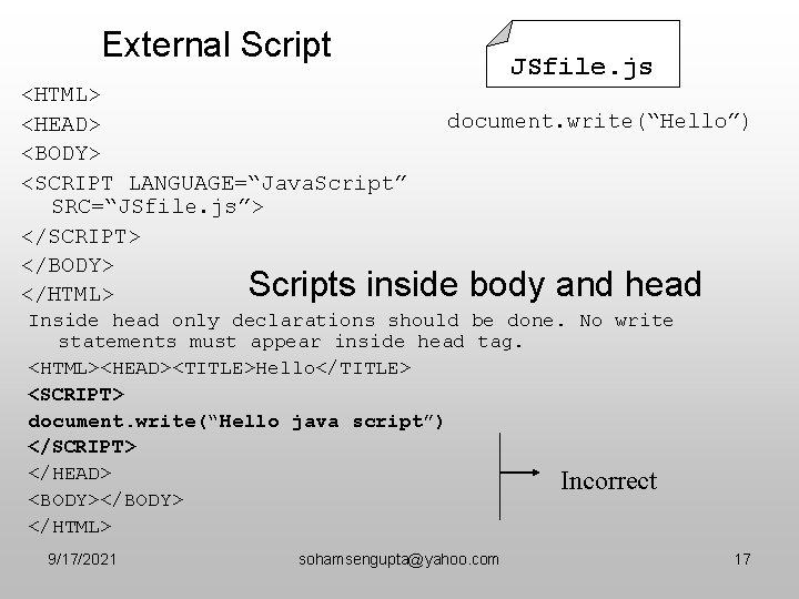 External Script <HTML> <HEAD> <BODY> <SCRIPT LANGUAGE=“Java. Script” SRC=“JSfile. js”> </SCRIPT> </BODY> </HTML> JSfile.