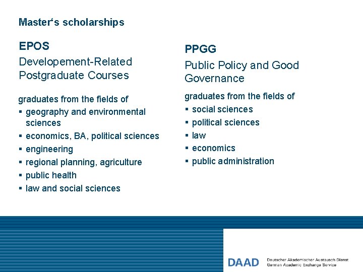 Master‘s scholarships EPOS Developement-Related Postgraduate Courses PPGG Public Policy and Good Governance graduates from