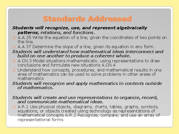 Standards Addressed Students will recognize, use, and represent algebraically patterns, relations, and functions. A. Standards Addressed Students will recognize, use, and represent algebraically patterns, relations, and functions. A.