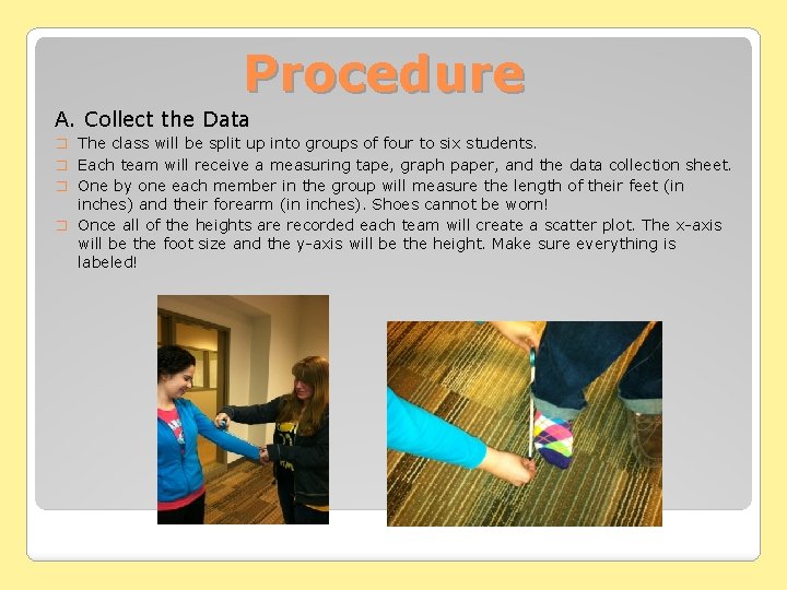 Procedure A. Collect the Data � The class will be split up into groups Procedure A. Collect the Data � The class will be split up into groups