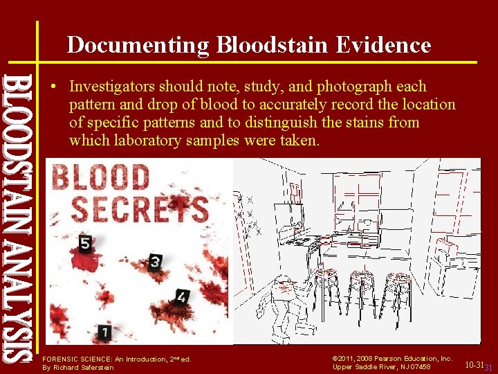 Documenting Bloodstain Evidence • Investigators should note, study, and photograph each pattern and drop