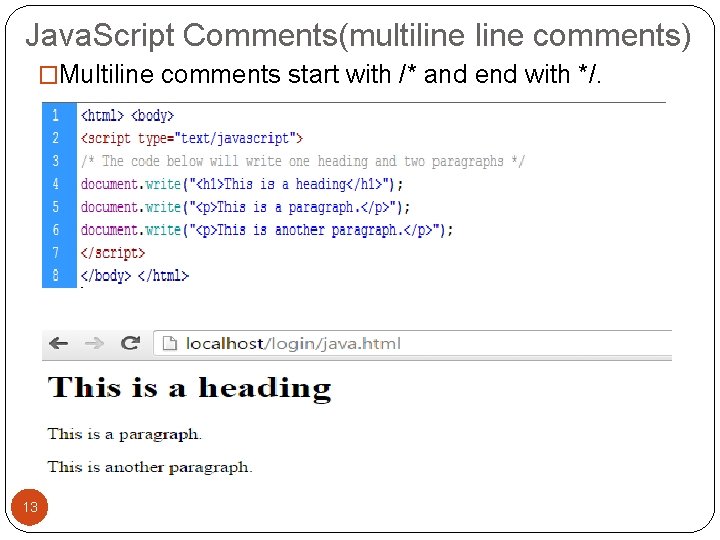 Java. Script Comments(multiline comments) �Multiline comments start with /* and end with */. 13 Java. Script Comments(multiline comments) �Multiline comments start with /* and end with */. 13