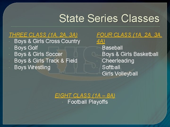 State Series Classes THREE CLASS (1 A, 2 A, 3 A) Boys & Girls