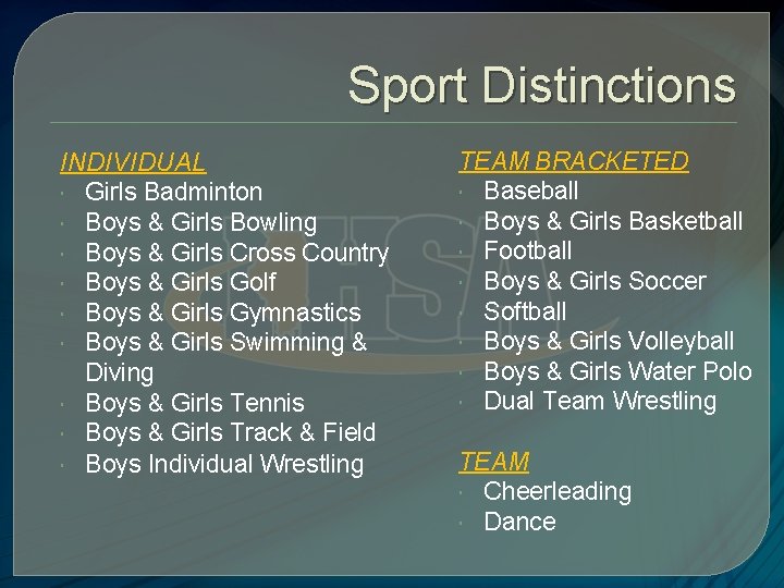 Sport Distinctions INDIVIDUAL Girls Badminton Boys & Girls Bowling Boys & Girls Cross Country