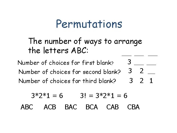 Permutations The number of ways to arrange the letters ABC: ____ 3 ____ Number