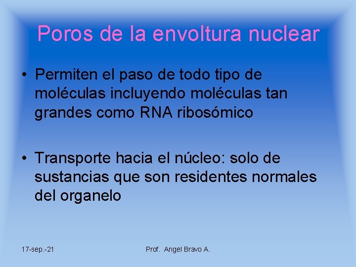 Poros de la envoltura nuclear • Permiten el paso de todo tipo de moléculas