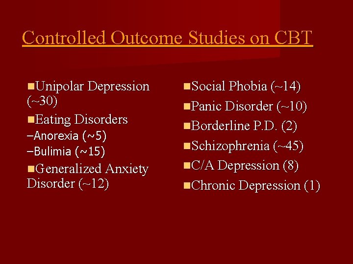 Controlled Outcome Studies on CBT Unipolar Depression (~30) Eating Disorders –Anorexia (~5) –Bulimia (~15)