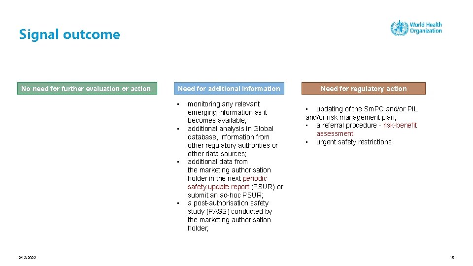 Signal outcome No need for further evaluation or action Need for additional information •