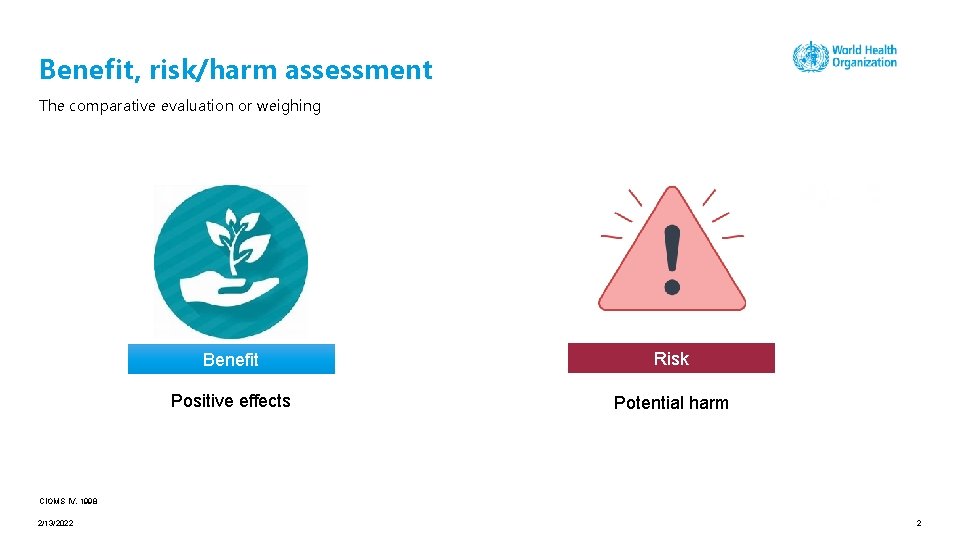 Benefit, risk/harm assessment The comparative evaluation or weighing Benefit Risk Positive effects Potential harm