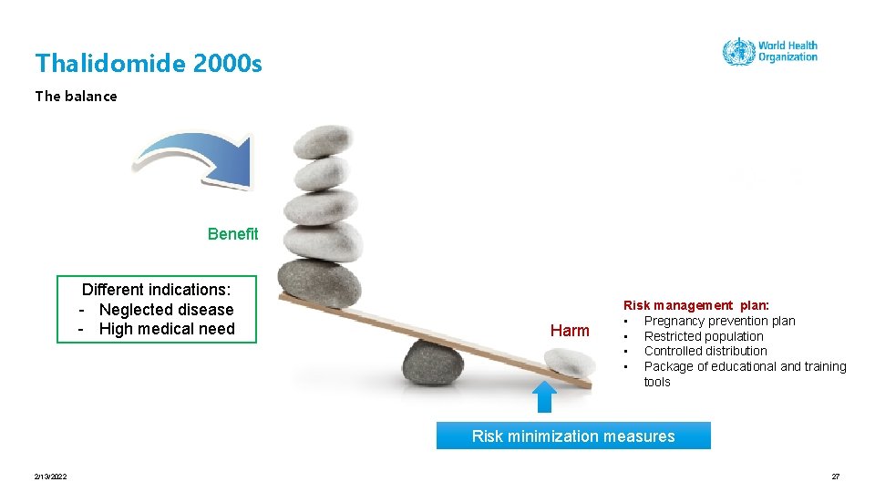 Thalidomide 2000 s The balance Benefit Different indications: - Neglected disease - High medical