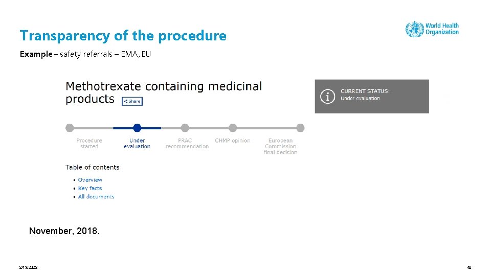 Transparency of the procedure Example – safety referrals – EMA, EU November, 2018. 2/13/2022