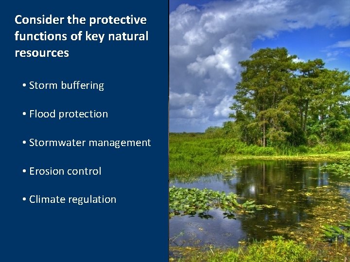 Consider the protective functions of key natural resources • Storm buffering • Flood protection