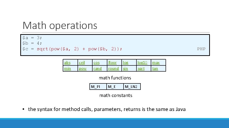 Math operations $a = 3; $b = 4; $c = sqrt(pow($a, 2) + pow($b, Math operations $a = 3; $b = 4; $c = sqrt(pow($a, 2) + pow($b,