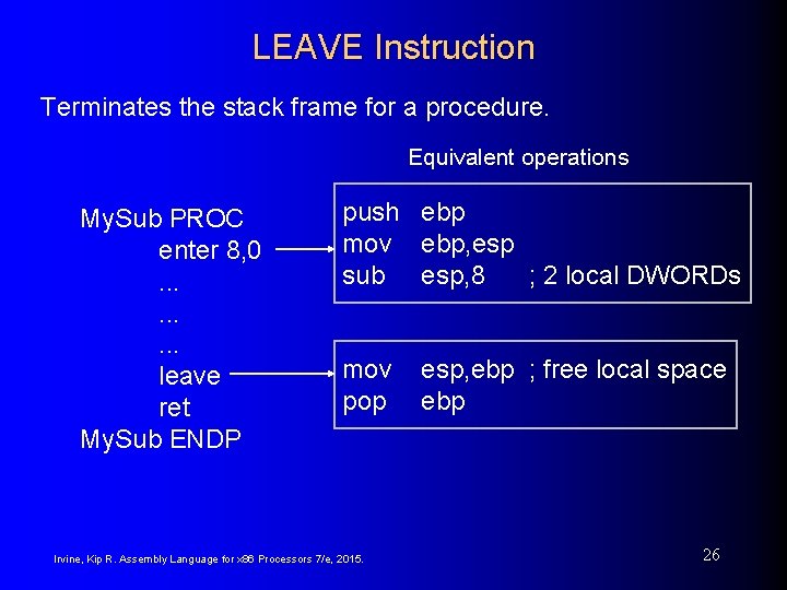 LEAVE Instruction Terminates the stack frame for a procedure. Equivalent operations My. Sub PROC LEAVE Instruction Terminates the stack frame for a procedure. Equivalent operations My. Sub PROC