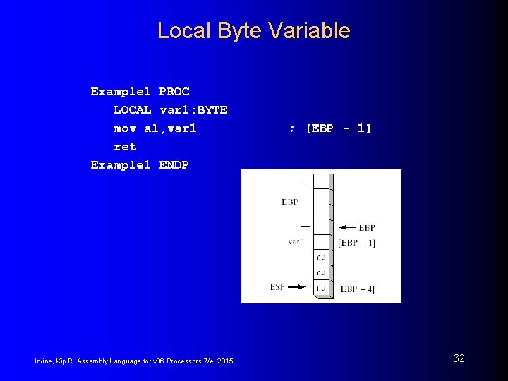 Local Byte Variable Example 1 PROC LOCAL var 1: BYTE mov al, var 1 Local Byte Variable Example 1 PROC LOCAL var 1: BYTE mov al, var 1