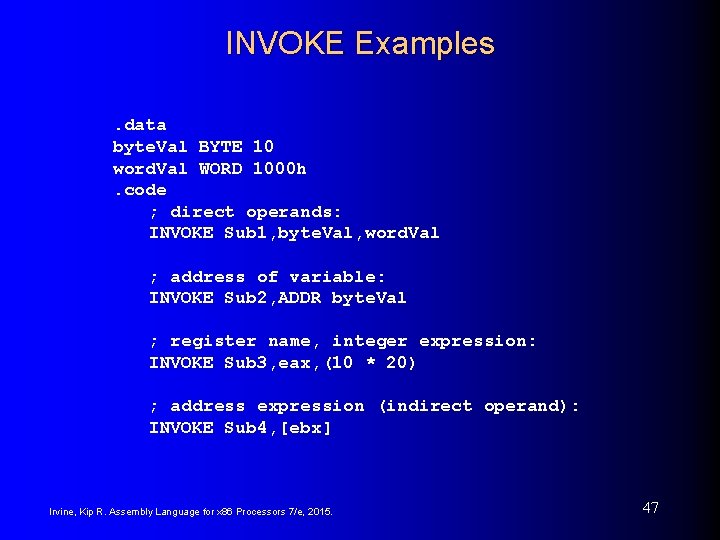 INVOKE Examples. data byte. Val BYTE 10 word. Val WORD 1000 h. code ; INVOKE Examples. data byte. Val BYTE 10 word. Val WORD 1000 h. code ;