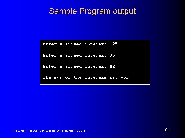 Sample Program output Enter a signed integer: -25 Enter a signed integer: 36 Enter Sample Program output Enter a signed integer: -25 Enter a signed integer: 36 Enter