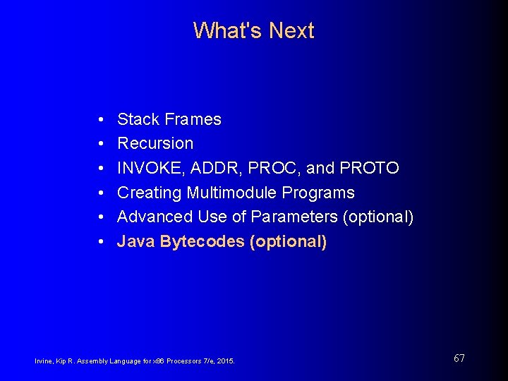 What's Next • • • Stack Frames Recursion INVOKE, ADDR, PROC, and PROTO Creating What's Next • • • Stack Frames Recursion INVOKE, ADDR, PROC, and PROTO Creating
