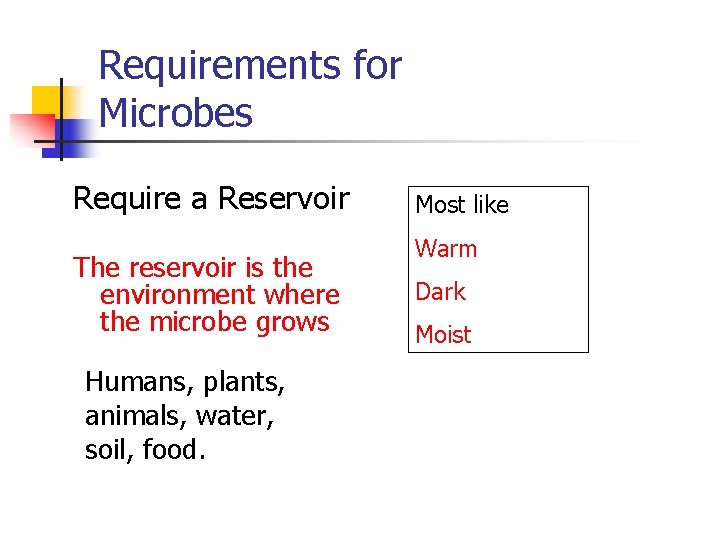 Requirements for Microbes Require a Reservoir The reservoir is the environment where the microbe