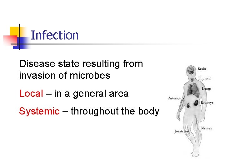 Infection Disease state resulting from invasion of microbes Local – in a general area