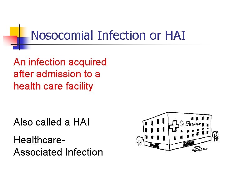 Nosocomial Infection or HAI An infection acquired after admission to a health care facility