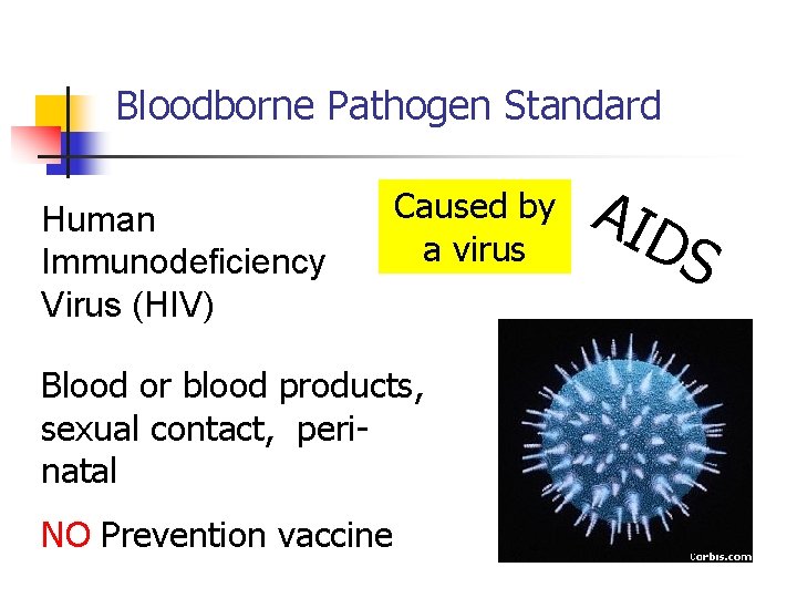 Bloodborne Pathogen Standard Human Immunodeficiency Virus (HIV) Caused by a virus Blood or blood