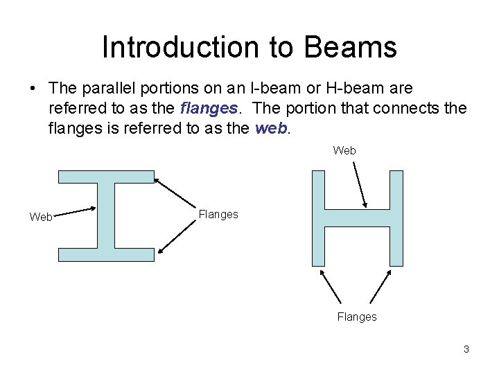 Introduction to Beams • The parallel portions on an I-beam or H-beam are referred