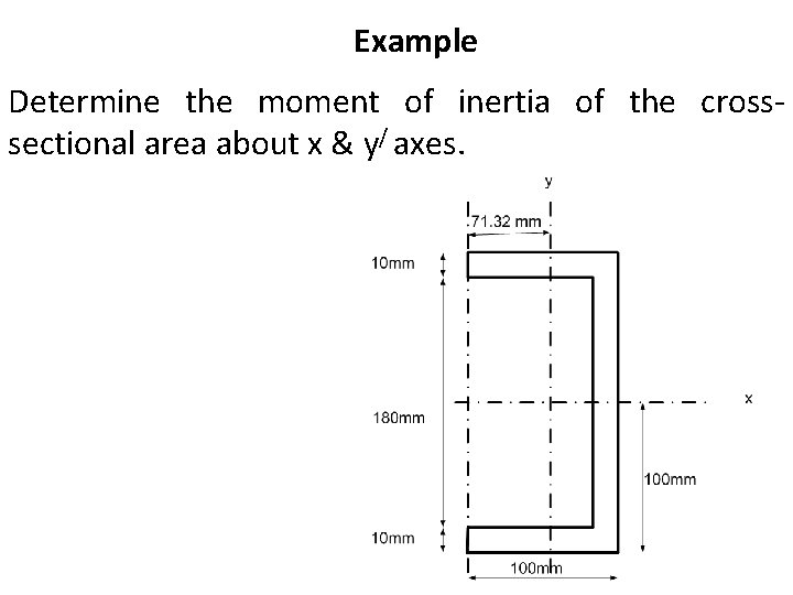 Example Determine the moment of inertia of the crosssectional area about x & y/