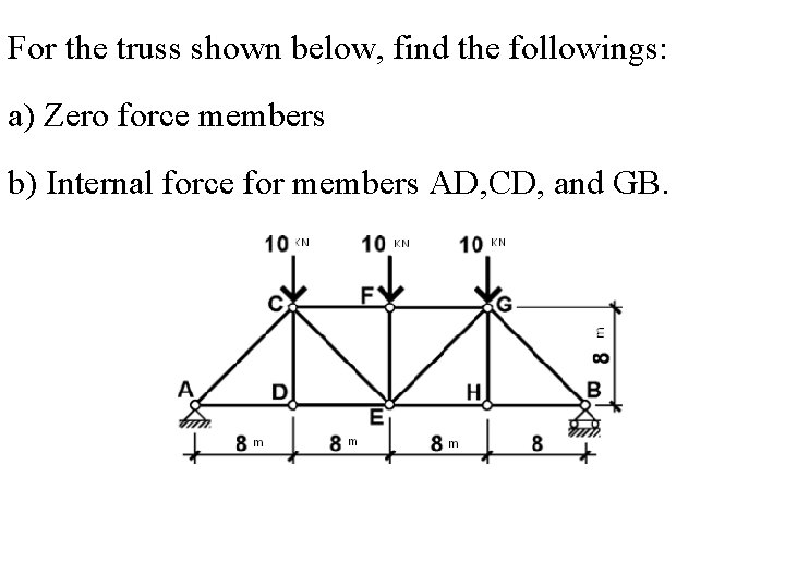 For the truss shown below, find the followings: a) Zero force members b) Internal