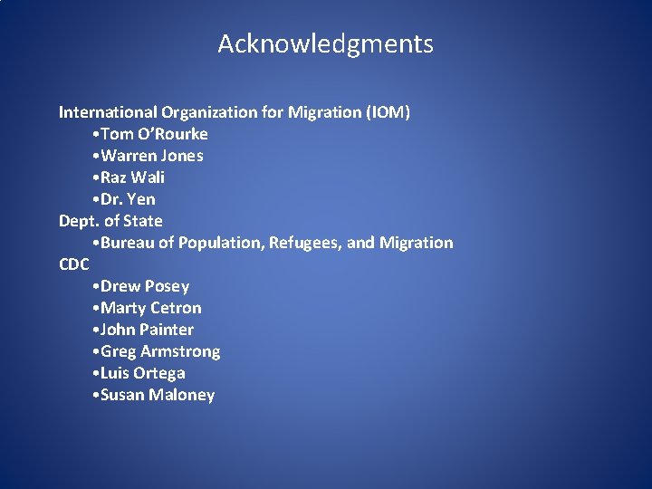 Acknowledgments International Organization for Migration (IOM) • Tom O’Rourke • Warren Jones • Raz