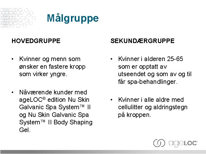 Målgruppe HOVEDGRUPPE SEKUNDÆRGRUPPE • Kvinner og menn som ønsker en fastere kropp som virker