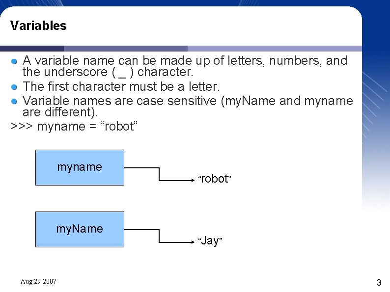 Variables A variable name can be made up of letters, numbers, and the underscore