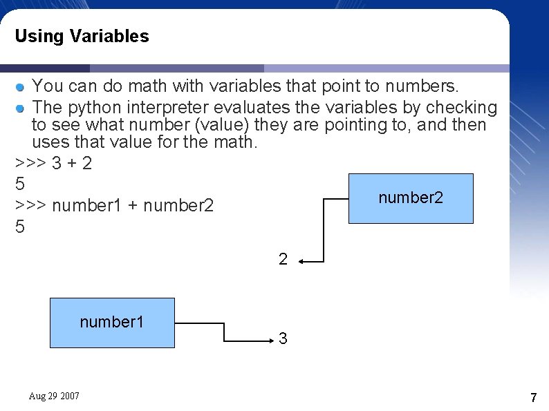 Using Variables You can do math with variables that point to numbers. The python