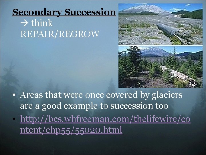 Secondary Succession think REPAIR/REGROW • Areas that were once covered by glaciers are a