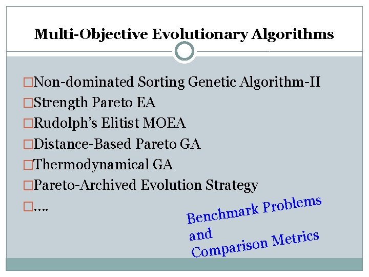 Multi-Objective Evolutionary Algorithms �Non-dominated Sorting Genetic Algorithm-II �Strength Pareto EA �Rudolph’s Elitist MOEA �Distance-Based