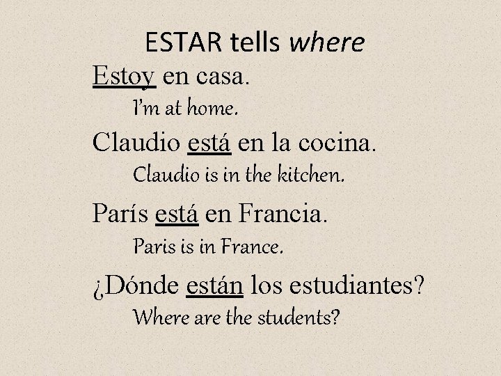 ESTAR tells where Estoy en casa. I’m at home. Claudio está en la cocina.