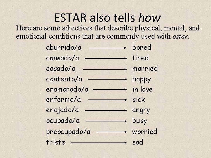 ESTAR also tells how Here are some adjectives that describe physical, mental, and emotional