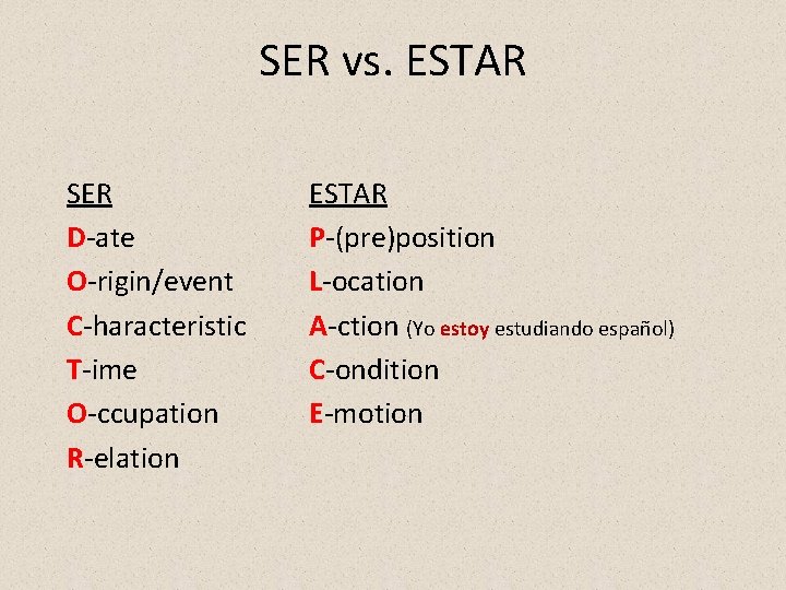 SER vs. ESTAR SER D-ate O-rigin/event C-haracteristic T-ime O-ccupation R-elation ESTAR P-(pre)position L-ocation A-ction